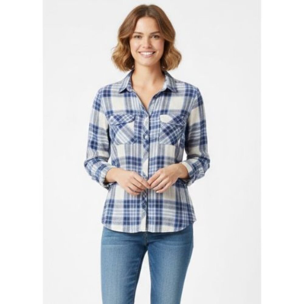 Reitmans Women's Plus Size XXL Blue and White Checkered Plaid Shirt Long Sleeve
